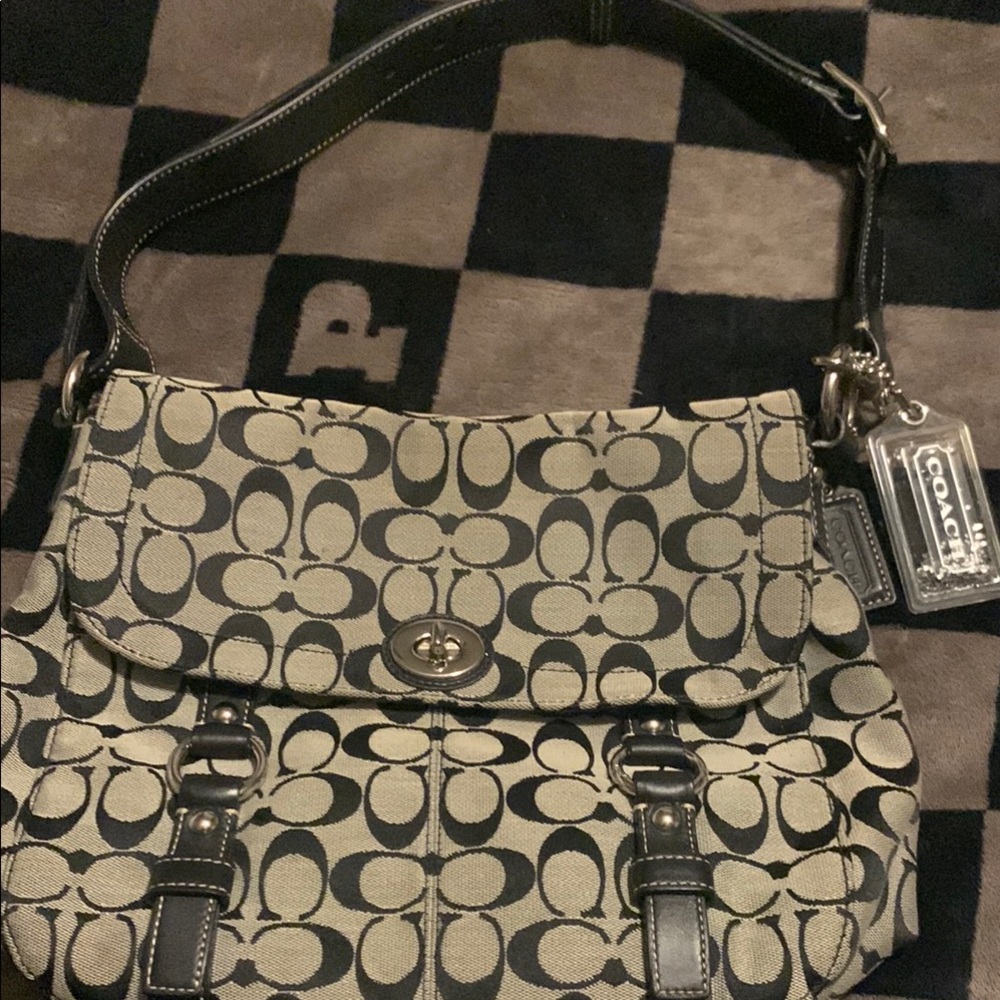 Coach Black and Tan Shoulder Bag with Signature Design